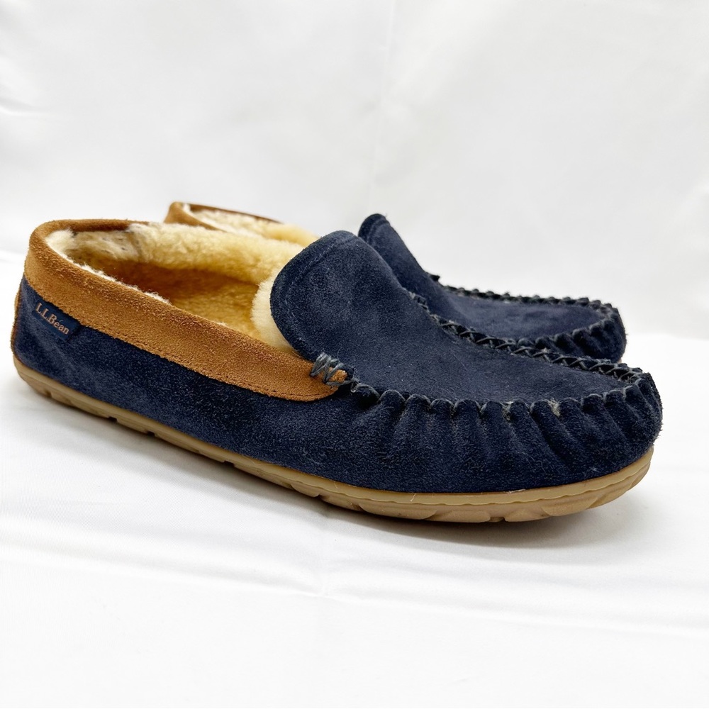 LL Bean sip on navy blue tan moccasin shoes men’s size 10